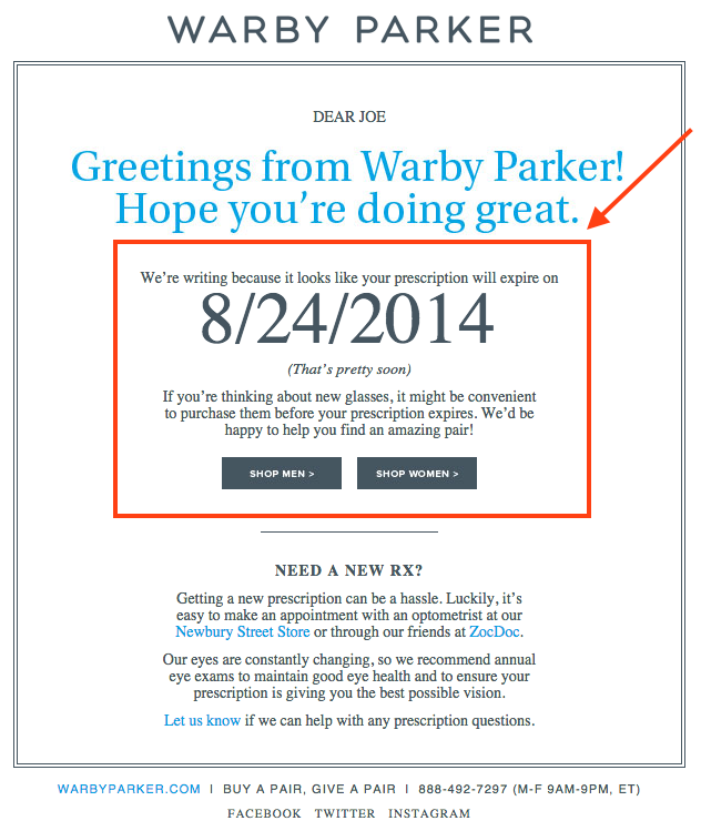 ایمیل ارسالی از شرکت عینک فروشی Warby Parker